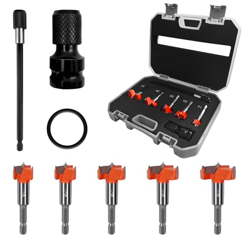wonderforday Forstnerbohrer Set 7-teilig im Koffer, 15 bis 35 mm Forstnerbohrer für Holz, Mit Stecknuss Adapter und 150mm Verlängerungsstange, Zubehör Bohrmaschine für feine Holzbearbeitung von wonderforday