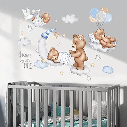 wondever Wandtattoo Bär mit Mond Ballon Wandaufkleber Wolken und Sterne Wandsticker Wanddeko für Kinderzimmer Babyzimmer von wondever