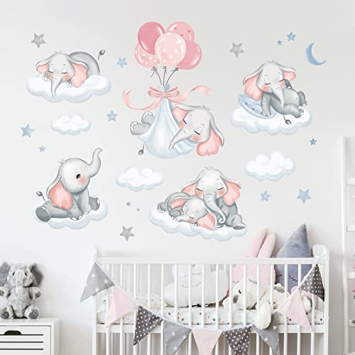 wondever Wandtattoo Elefant Baby Wandaufkleber Elefanten Tiere Luftballon Mond und Sterne Wandsticker Wanddeko für Kinderzimmer Babyzimmer von wondever