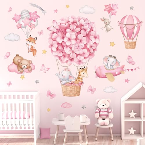 wondever Wandtattoo Heißluftballon Rosa Wandaufkleber Tiere Blumen Elefant Giraffe Flugzeug Bär Wandsticker Wanddeko für Kinderzimmer Mädchen Babyzimmer Schlafzimmer von wondever