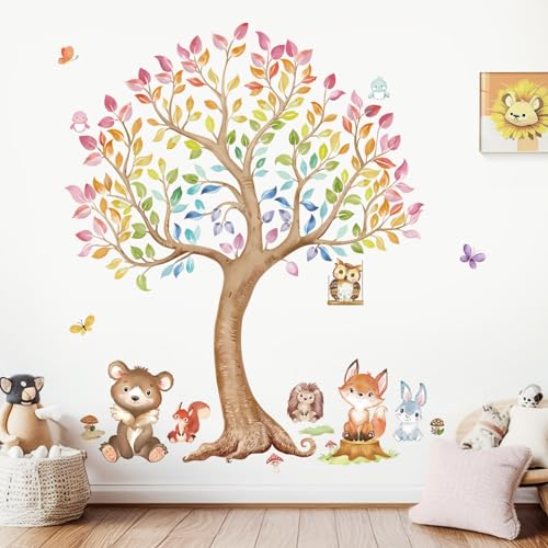 wondever Wandtattoo Kinderzimmer Baum Groß Tiere Wandaufkleber Waldtiere Fuchs Eule Eichhörnchen Wandsticker Wanddeko für Babyzimmer Kinderzimmer Schlafzimmer von wondever