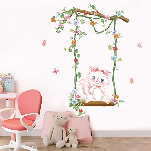 wondever Wandtattoo Katze Kinderzimmer Wandaufkleber Mädchen Katze Blumen Ast Wandsticker Wanddeko für Mädchenzimmer Babyzimmer Schlafzimmer von wondever