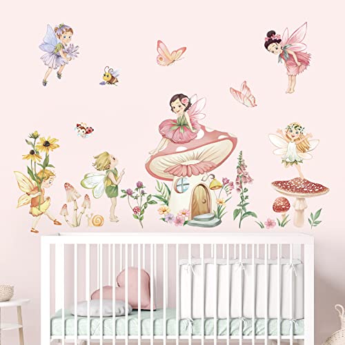 wondever Wandtattoo Mädchen Feen Wandaufkleber Blumen Pilzhaus Schmetterling Wandsticker Wanddeko für Kinderzimmer Babyzimmer Schlafzimmer von wondever