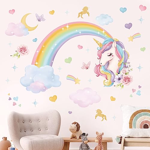 wondever Wandtattoo Regenbogen Einhorn Wandaufkleber Wolken Schmetterlinge Mädchen Wandsticker Wanddeko für Mädchenzimmer Kinderzimmer Babyzimmer von wondever