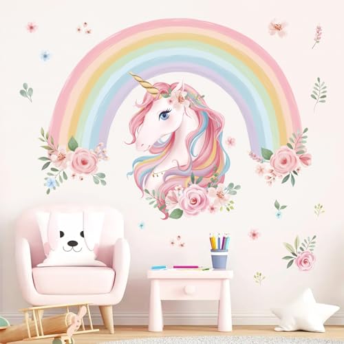 wondever Wandtattoo Regenbogen Groß Wandaufkleber Einhorn Blumen Wandsticker Wanddeko für Mädchen Kinderzimmer Schlafzimmer Wohnzimmer von wondever