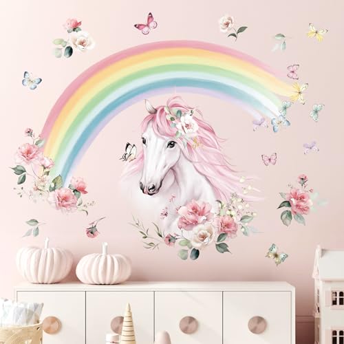 wondever Wandtattoo Regenbogen Groß Wandaufkleber Pferdekopf mit Blumen Wandsticker Wanddeko für Mädchen Kinderzimmer Schlafzimmer Wohnzimmer von wondever