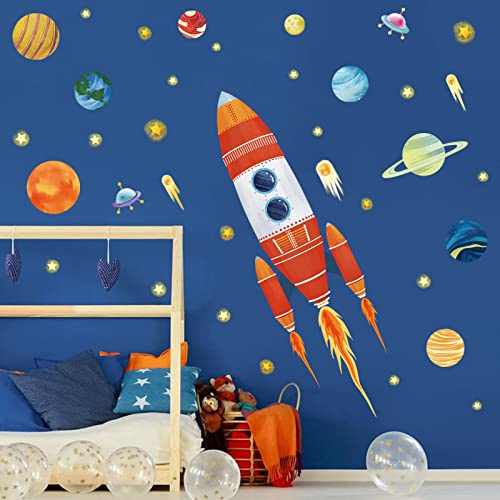 wondever Wandtattoo Raketen Weltraum Wandaufkleber Planeten Sonnensystem Wandsticker Wanddeko für Kinderzimmer Babyzimmer Spielzimmer von wondever