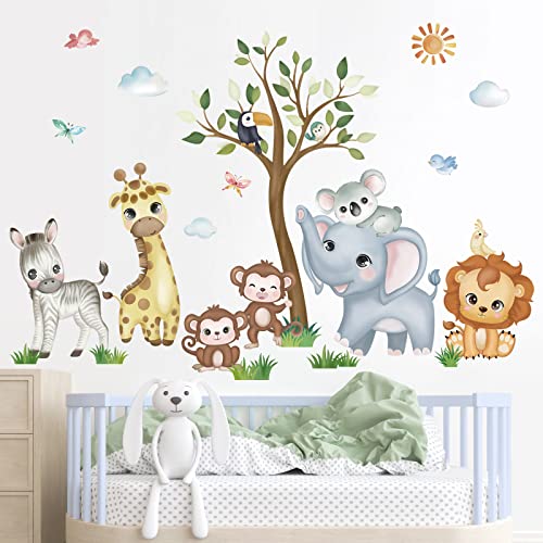 wondever Wandtattoo Tiere Dschungel Baum Wandaufkleber Safari Elefant Giraffe Löwe Wandsticker Wanddeko für Kinderzimmer Babyzimmer Spielzimmer von wondever