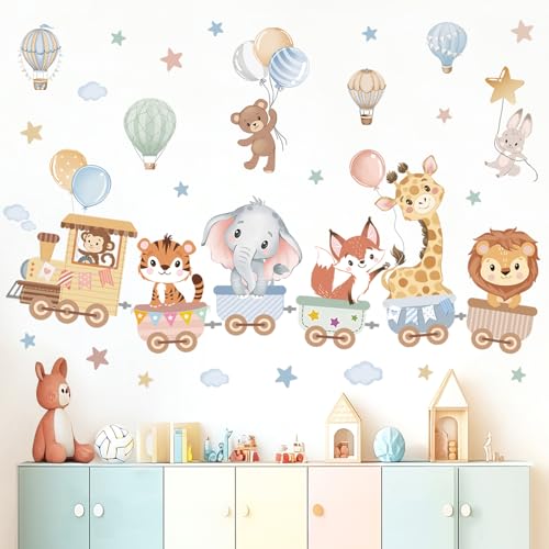 wondever Wandtattoo Tiere Zug Wandaufkleber Heißluftballon Safari Tiere Elefant Giraffe Wandsticker Wanddeko für Kinderzimmer Babyzimmer von wondever