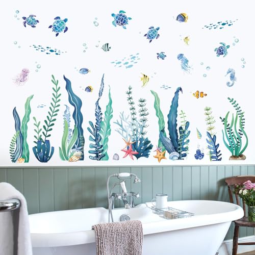 wondever Wandtattoo Unter dem Meer Seetang Gras Wandaufkleber Seegras Meeresschildkröten Fisch Wandsticker Wanddeko für Kinderzimmer Babyzimmer Badezimmer von wondever