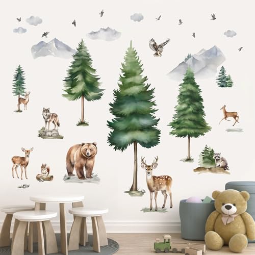 wondever Wandtattoo Waldtiere Baum Groß Wandaufkleber Hirsch Bär Wolf Wandsticker Wanddeko für Kinderzimmer Babyzimmer Schlafzimmer von wondever