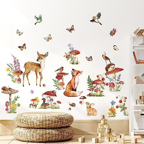 wondever Wandtattoo Waldtiere Hirsch Wandaufkleber Fuchs Pilze Blumen Wandsticker Wanddeko für Kinderzimmer Babyzimmer Schlafzimmer von wondever