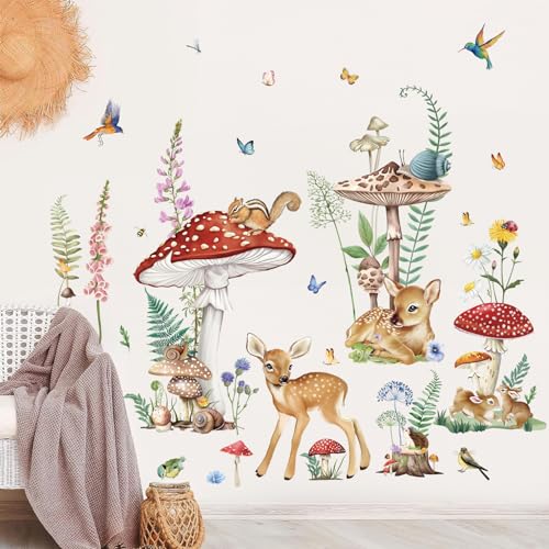 wondever Wandtattoo Waldtiere Hirsch Wandaufkleber Groß Pilze Blumen Wandsticker Wanddeko für Kinderzimmer Babyzimmer Schlafzimmer von wondever