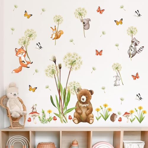 wondever Wandtattoo Löwenzahn Tiere Wandaufkleber Pusteblume Bär Fuchs Koala Wandsticker Wanddeko für Kinderzimmer Schlafzimmer Babyzimmer von wondever