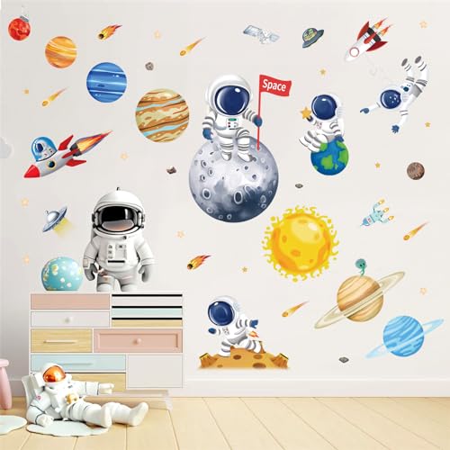 wondever Wandtattoo Weltraum Planeten Wandaufkleber Raketen Sonnensystem Astronaut Wandsticker Wanddeko für Kinderzimmer Babyzimmer Jungenzimmer von wondever