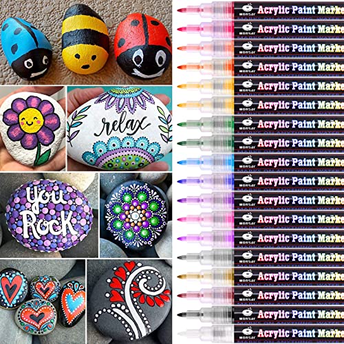 wonsar Acrylstifte Marker Stifte, 18 Farben Wasserfest Acrylstifte für Steine Bemalen, Acrylfarben Stifte für Kinder DIY Keramik Glas Porzellan Metall Kunststoff Holz, Leinwand (0,7mm Spitze) von wonsar