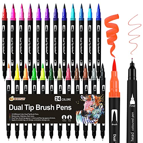 Dual Brush Pen Set: Filzstifte 24 Farben Pinselstifte Marker Fineliner Set Aquarell Stifte Für Bullet Journal, Malbücher, Handlettering, Manga Mandala stifte Malstifte Für Kinder und Erwachsene von wonsar