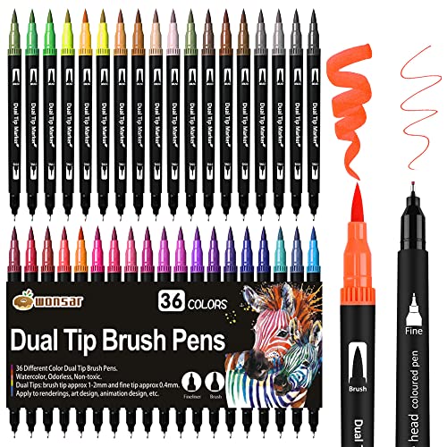 Dual Brush Pen Set: Filzstifte 36 Farben Pinselstifte Marker Fineliner Set Aquarell Stifte Für Bullet Journal, Malbücher, Handlettering, Manga Mandala stifte Malstifte Für Kinder und Erwachsene von wonsar