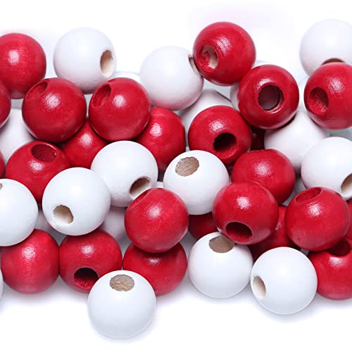 Makramee-Perlen mit großem Loch, lose Holzperlen für Makramee-Handwerk, Girlanden, Heimdekoration (8 mm Loch), Weiß und Rot, 50 Stück von woodeni