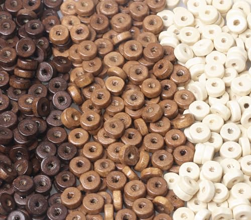 900 Stück flache runde Holzperlen – 7 mm große lose Abstandshalter für Bastelarbeiten, 300 Stück für jede Farbe von woodeni