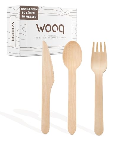 wooq Premium Holzbesteck Set 200-teilig FSC-zertifiziert (100 Holzgabeln, 50 Holzlöffel, 50 Holzmesser Holz Besteck) Einwegbesteck kompostierbar in wiederverschließbarer Pappbox von wooq