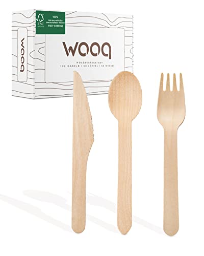 wooq Premium Holzbesteck Set 200-teilig FSC-zertifiziert (100 Holzgabeln, 50 Holzlöffel, 50 Holzmesser Holz Besteck) Einwegbesteck kompostierbar in wiederverschließbarer Pappbox von wooq