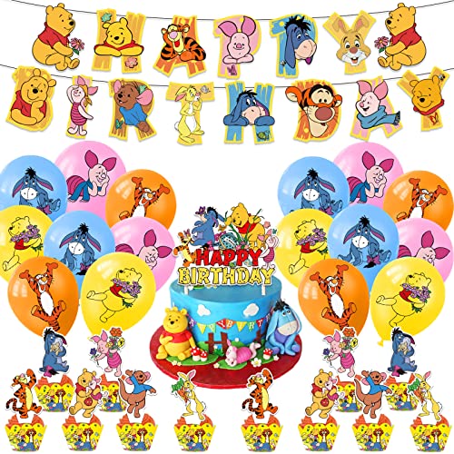 30 Stück Winnie Pooh Geburtstagsdeko,Wopin- Winnie Pooh Tortendeko mit Winnie Pooh Ballons und Happy Birthday Girlande,Winnie Pooh Deko Für Geburtstags Party von wopin