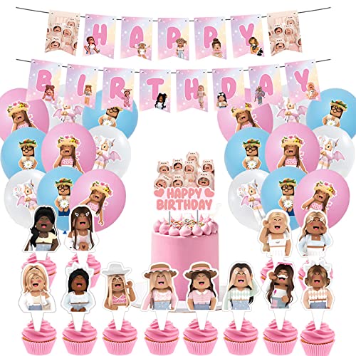 32 Stück Roblox Pink Girl Geburtstagsdekorationen, Wopin-Roblox Pink Girl Luftballons, Kuchendekoration Happy Birthday Banner für Kindergeburtstagsfeier Dekorationen Geburtstagsgeschenke von wopin