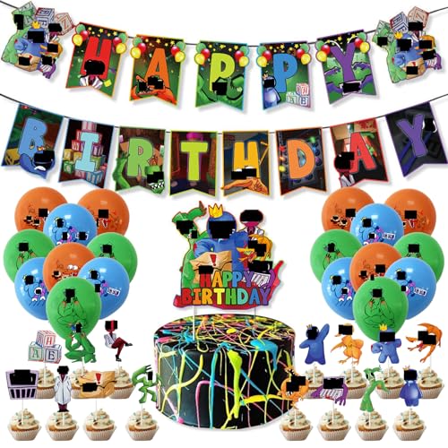 35 Stück Roblox Rainbow Friends Geburtstagsdeko,Wopin- Roblox Rainbow Friends Tortendeko mit Roblox Rainbow Friends Ballons und Happy Birthday Girlande,Rainbow Friends Deko Für Geburtstags Party von wopin