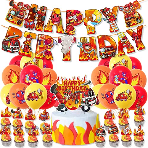 37 Stück Feuerwehr Geburtstagsdeko,Wopin- Feuerwehr Tortendeko mit Feuerwehr Ballons und Happy Birthday Girlande,Feuerwehr Deko Für Geburtstags Party von wopin