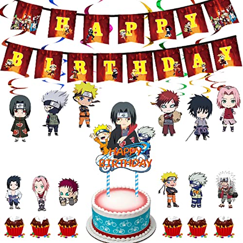 32 Stücke Naruto Thema Dekorationen Party Supplies, Wopin Geburtstag Deko Set, Naruto Dekoration Geburtstag, Alles Gute Zum Geburtstag Banner, Naruto Geburtstag Kuchen Topper von wopin