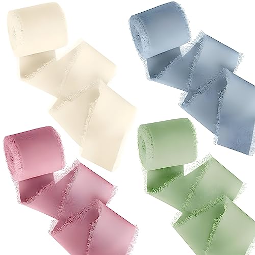 wordmouk 4 Rollen Handgemachte Fransen Chiffon Band 1.6" X 5.5 Yd Glatte Seidenband Ausgefranst Rand Fransen für DIY Handwerk Hochzeit Einladungen Brautsträuße Geschenke Verpackung(4 Farben) von wordmouk