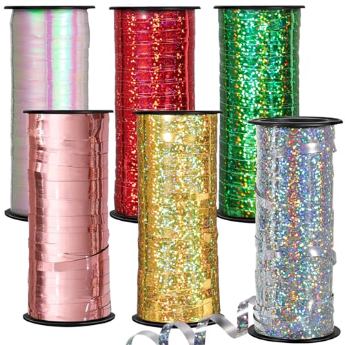 549 Meter/600 Yards Geschenkband Set, 5 mm Ringelband Geschenkband Glitzer Ballonband Dekoband für Geschenkverpackung Ballonverschlüsse Basteln Deko Karneval Hochzeit Geburtstag (6 Rollen, Bunt) von woric