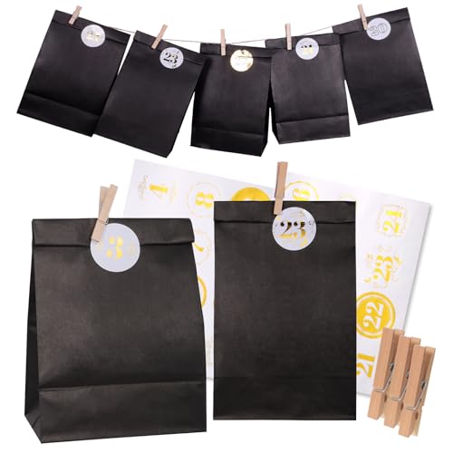 woric Adventskalender zum Befüllen, 24 Papiertüten Schwarz mit Zahlenaufkleber 1-24 und Holzklammern Adventskalender Selber Basteln DIY Erwachsene Kinder von woric