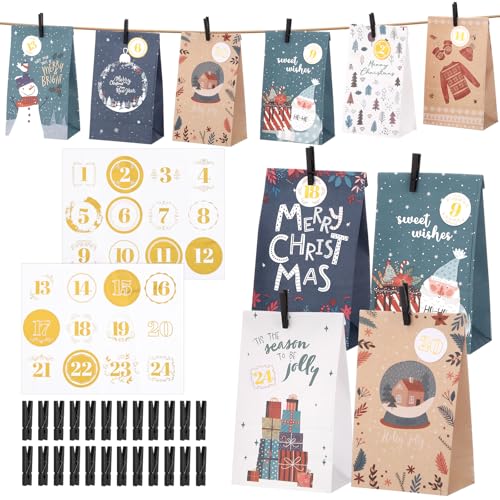 woric DIY Adventskalender zum Befüllen 2025, 24 Papiertüten Groß mit Zahlenaufkleber 1-24 & Klammern Weihnachtskalender Selbst Befüllen Tüten für Adventskalender Kinder Erwachsene(Blau&Weiß&Braun) von woric