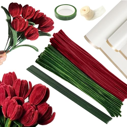 Pfeifenreiniger Bastelset 150 Stück Pastell – Blumen Basteln mit Blumendraht Kreppband Blumenpapier – Komplettset für DIY Blumensträuße Pipe Cleaner Flowers Geschenkband von wozloify