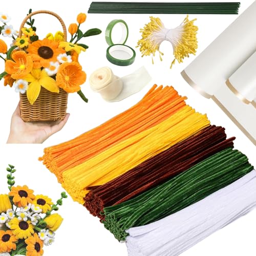 Pfeifenreiniger Bastelset 300 Stück Pastell – Blumen Basteln mit Blumendraht Kreppband Blumenpapier – Komplettset für DIY Blumensträuße Pipe Cleaner Flowers Geschenkband von wozloify