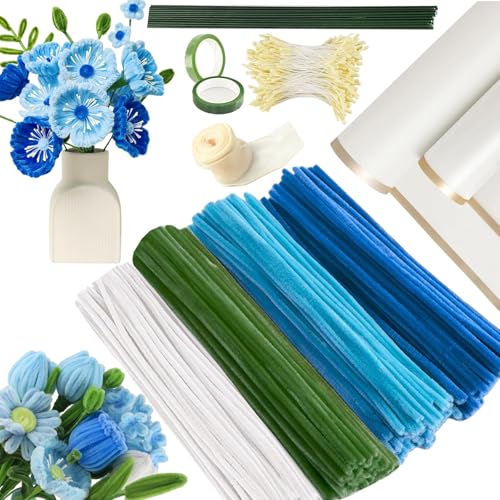Pfeifenreiniger Bastelset 400 Stück Pastell – Blumen Basteln mit Blumendraht Kreppband Blumenpapier – Komplettset für DIY Blumensträuße Pipe Cleaner Flowers Geschenkband von wozloify