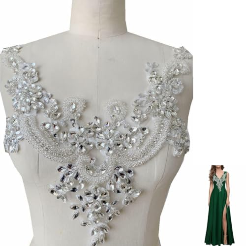 Handgefertigte Strass-Spitzenapplikation, handgenäht, Perlen, Besatz, Ausschnitt, für Kleid, Kleidung, Zubehör (weiß) von wtbv.n