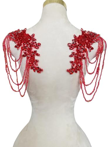 Strass-Applikation für Kleidung, Schulterklappen, Schulter-Patches, zum Aufnähen, Diamant-Pailletten, Quasten, Applikation für Hochzeitskleid, DIY-Zubehör, 9,8 x 10,5 cm, Rot, 1 Paar Strass-Applikation für Kleidung, Schulterklappen, Schulter-Patches, zum Aufnähen, Diamant-Pailletten, Quasten, Applikation für Hochzeitskleid, DIY-Zubehör, 9,8 x 10,5 cm, Rot, 1 Paar von wtbv.n