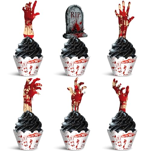 Cupcake-Topper und Wrapper-Set für Halloween, Zombie, Horror-Grabstein, Handabdruck, Rot, 48-teiliges Set für Halloween-Partys Cupcake-Topper und Wrapper-Set für Halloween, Zombie, Horror-Grabstein, Handabdruck, Rot, 48-teiliges Set für Halloween-Partys von wuhuzsm