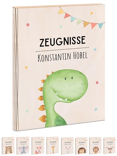 wunderwunsch® - Personalisierte Zeugnismappe aus Holz mit hochwertigem Spezial-Druck - Einschulung Geschenk - Zeugnismappe Jungen & Zeugnismappe Mädchen (Dino Girlande) von wunderwunsch