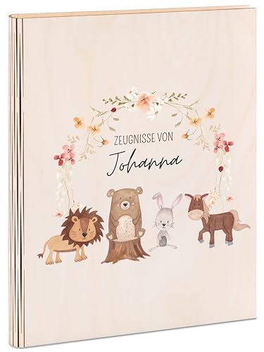 wunderwunsch® - Personalisierte Zeugnismappe aus Holz mit hochwertigem Spezial-Druck - Einschulung Geschenk - Zeugnismappe Jungen & Zeugnismappe Mädchen (Tiere Blumenkreis) von wunderwunsch