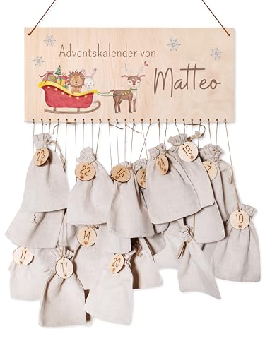 wunderwunsch® - Personalisierter Adventskalender zum selber befüllen - mit kinderfreundlichem Druck auf Holz - mit Juteschnur Jutesäckchen und Holzzahlen von wunderwunsch
