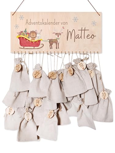 wunderwunsch - Personalisierter Adventskalender zum selber befüllen mit kinderfreundlichem UV-Druck - aus Holz, mit Juteschnur, Jutesäckchen und Holzzahlen von wunderwunsch