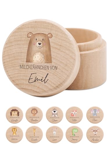 wunderwunsch - Milchzahndose personalisiert aus Holz mit kinderfreundlichem UV-Druck - Zahndose Milchzähne als Erinnerung an die ersten Zähnchen (Bär) von wunderwunsch