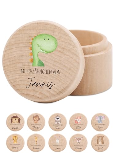 wunderwunsch - Milchzahndose personalisiert aus Holz mit kinderfreundlichem UV-Druck - Zahndose Milchzähne als Erinnerung an die ersten Zähnchen (Dino) von wunderwunsch