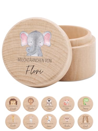 wunderwunsch - Milchzahndose personalisiert aus Holz mit kinderfreundlichem UV-Druck - Zahndose Milchzähne als Erinnerung an die ersten Zähnchen (Elefant) von wunderwunsch