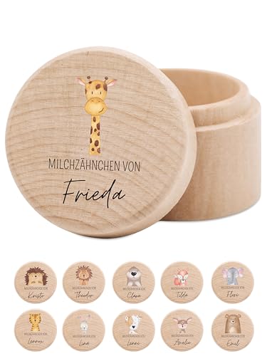 wunderwunsch - Milchzahndose personalisiert aus Holz mit kinderfreundlichem UV-Druck - Zahndose Milchzähne als Erinnerung an die ersten Zähnchen (Giraffe) von wunderwunsch