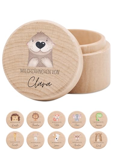 wunderwunsch - Milchzahndose personalisiert aus Holz mit kinderfreundlichem UV-Druck - Zahndose Milchzähne als Erinnerung an die ersten Zähnchen (Otter) von wunderwunsch